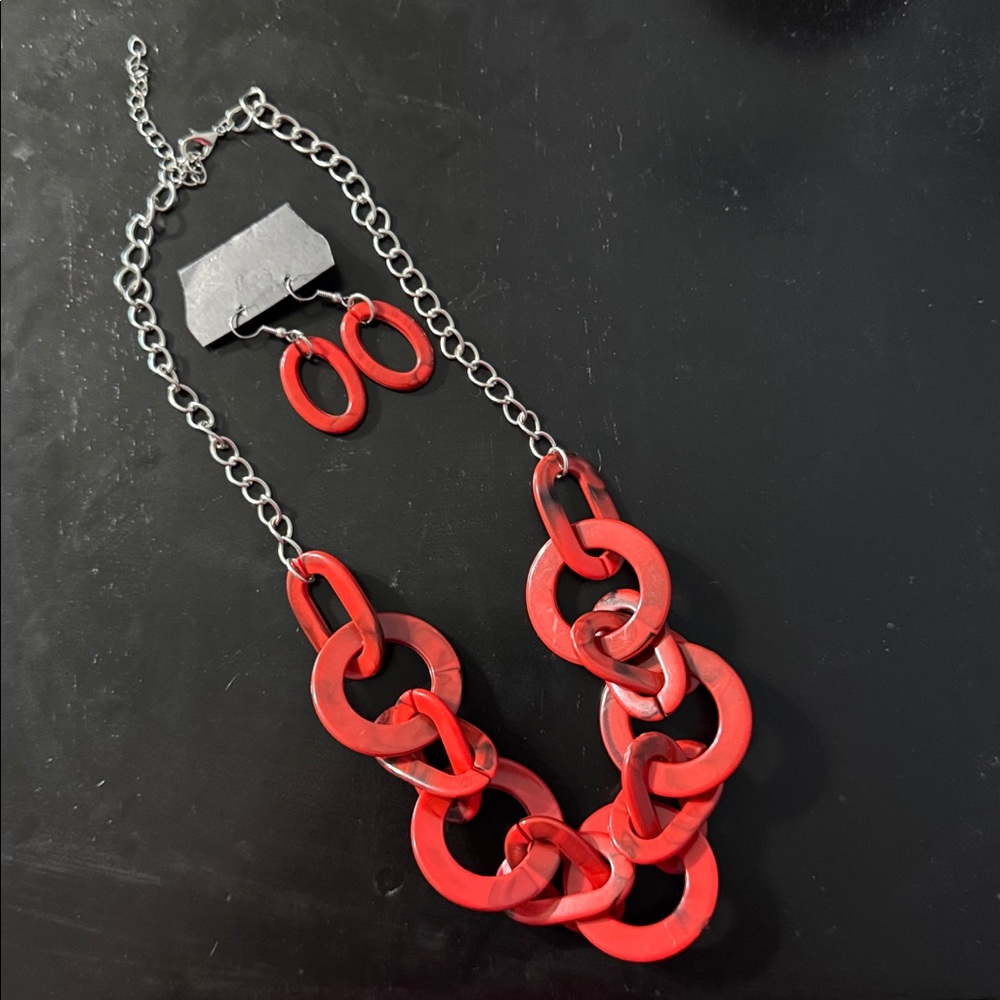 Red Link Statement Necklace and Earring Set - Women's Jewelry